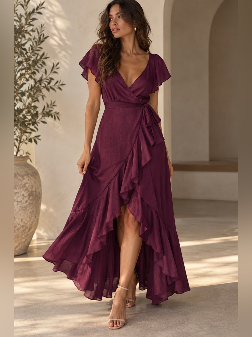 Lulus Plum Burgundy Satin Ruffle Wrap Maxi Dress Size M